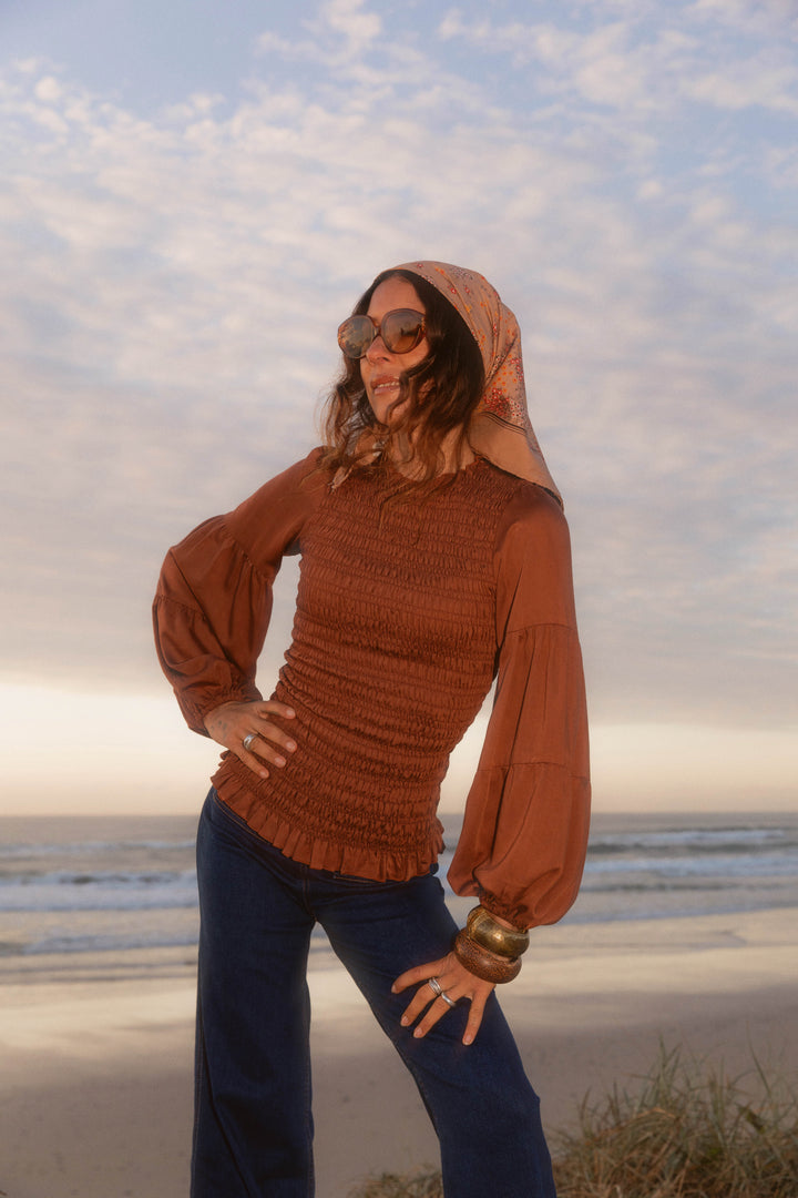 Brown Shirred Romantic Blouse