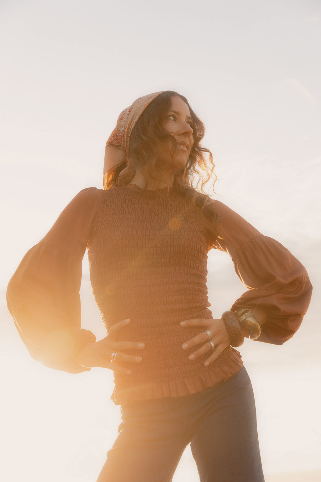 Brown Shirred Romantic Blouse