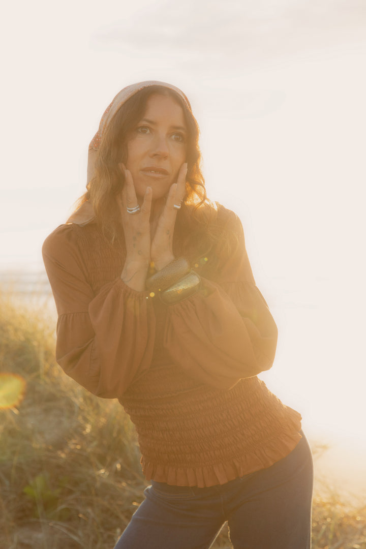 Brown Shirred Romantic Blouse