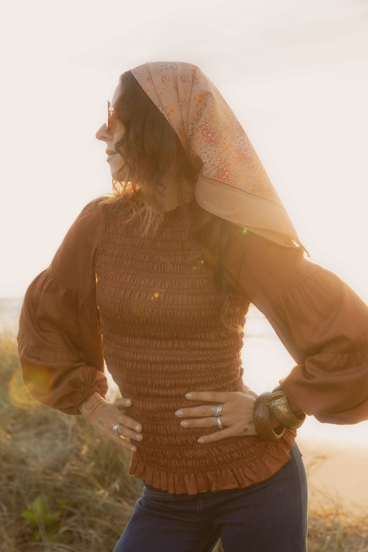 Brown Shirred Romantic Blouse