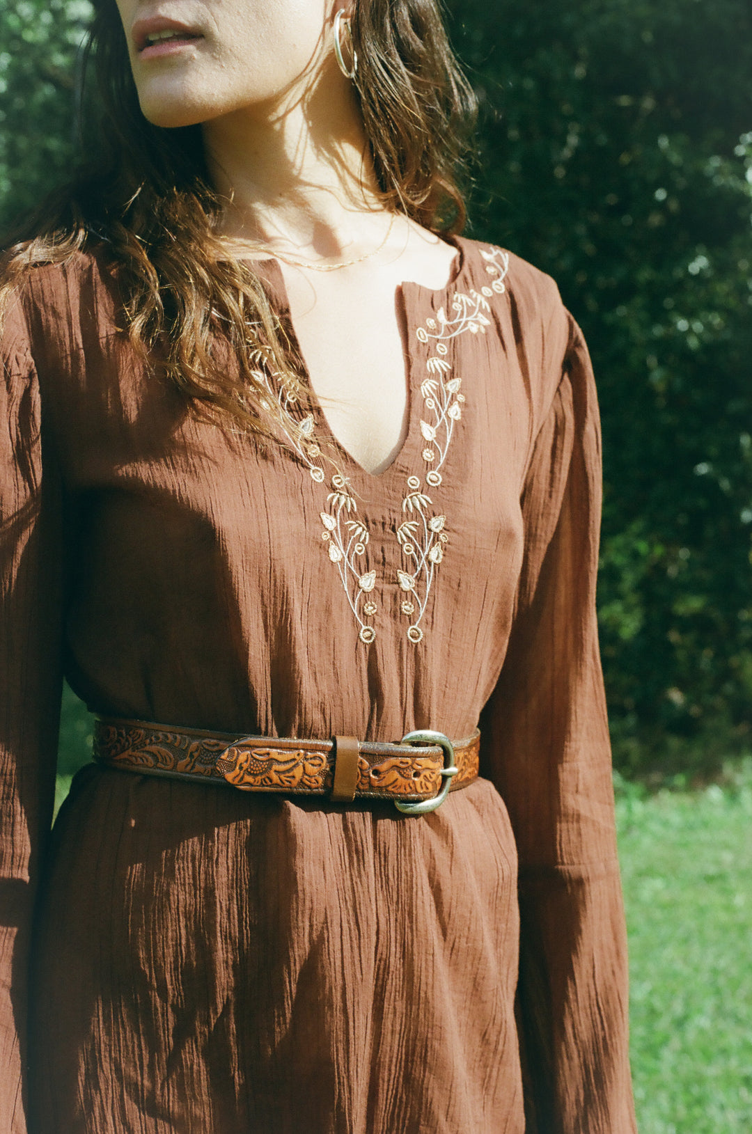 Brown embroidered shift dress